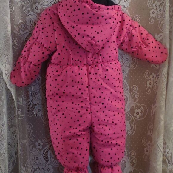 New R 1881 size 12M pink black polka‎ dot hood footed snowsuit zip foldover hand - Picture 4 of 8